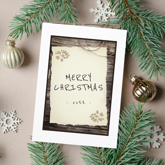 Rustic Old Paper Merry Christmas Script Holiday Card (Creator Uploaded)