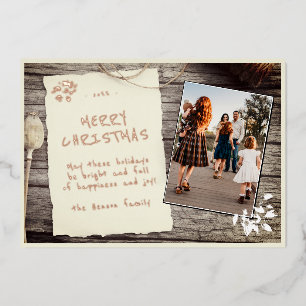 Rustic Old Paper Pergament Wood Photo Christmas Foil Holiday Card
