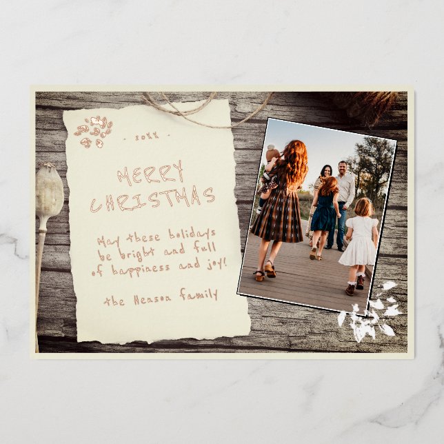 Rustic Old Paper Pergament Wood Photo Christmas Foil Holiday Card (Front)