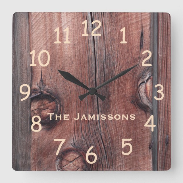 Rustic Old Red Barn Siding, Personalized Name Square Wall Clock (Front)