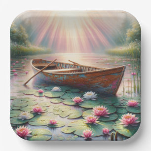 Rustic Old Rowboat In Water Lilies Paper Plate