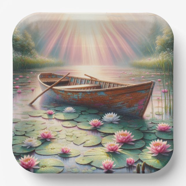 Rustic Old Rowboat In Water Lilies Paper Plate (Front)