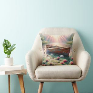 Rustic Old Rowboat In Water Lilys Cushion