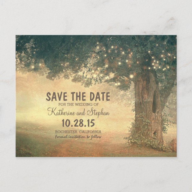 Rustic old tree and string lights save the date announcement postcard (Front)
