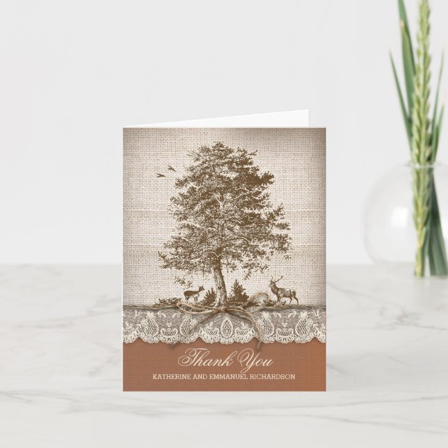 Rustic old tree burlap lace wedding thank you card (Front)