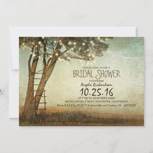 Rustic old tree & string lights bridal shower invitation (Front)