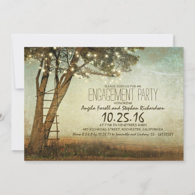 Rustic old tree & string lights engagement party invitation (Front)