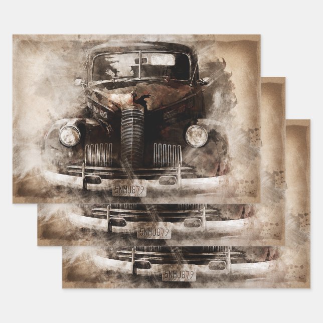 Rustic Old Vintage Car Decoupage Wrapping Paper Sheet (Set)