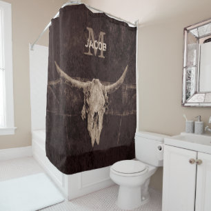Rustic Old Western Brown Beige Bull Skull Monogram Shower Curtain