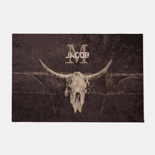 Rustic Old Western Bull Skull Brown Beige Monogram Doormat (Front)