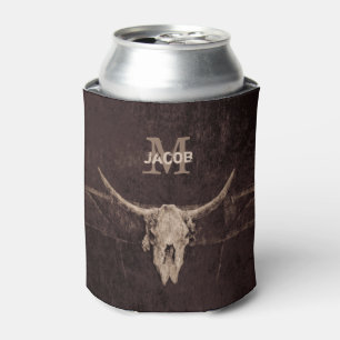 Rustic Old Western Monogram Brown Beige Bull Skull Can Cooler