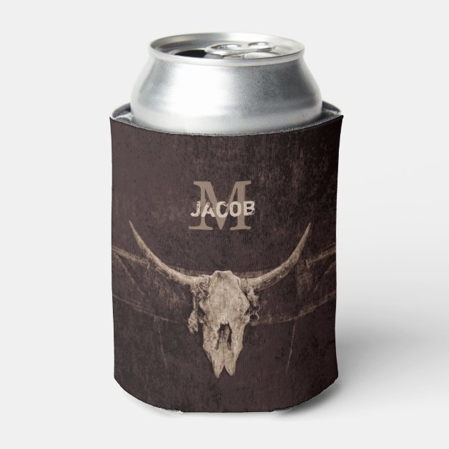 Rustic Old Western Monogram Brown Beige Bull Skull Can Cooler (Can Front)
