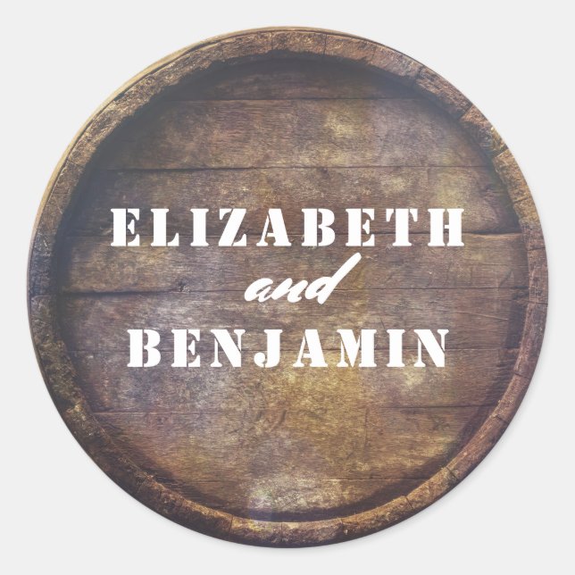 Rustic Old Wood Barrel Bottom Wedding Classic Round Sticker (Front)