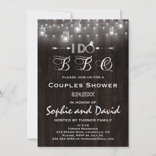 Rustic Old Wood Mason Jars String Lights I DO BBQ Invitation (Front)