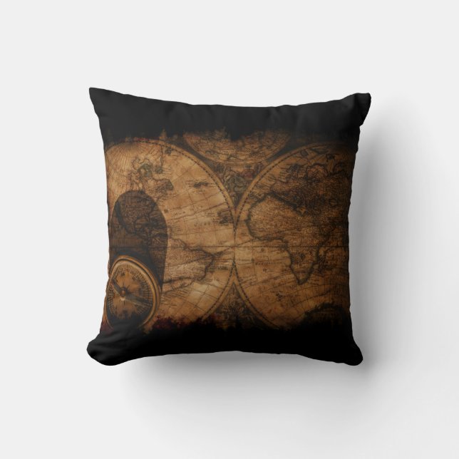 Rustic Old World Map and Compass Cushion (Front)