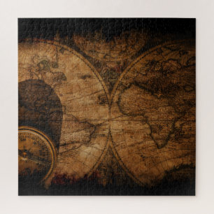 Rustic Old World Map and Compass Jigsaw Puzzle