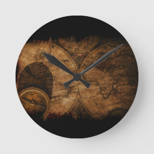 Rustic Old World Map and Compass Round Clock