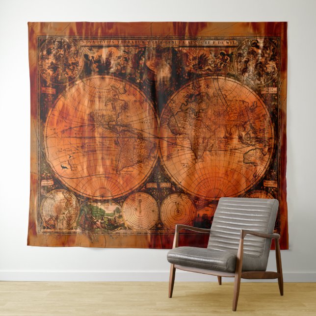 Rustic Old World Map Tapestry (In Situ (Horizontal))