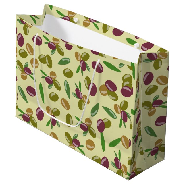 Rustic Olive and Olive Leaves Pattern Large Gift Bag (Front Angled)