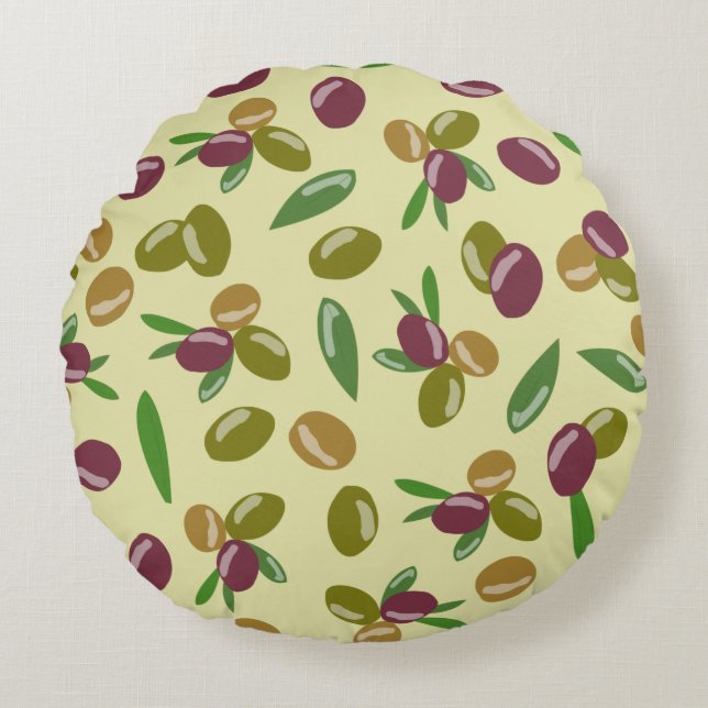 Rustic Olive and Olive Leaves Pattern  Round Cushion (Front)