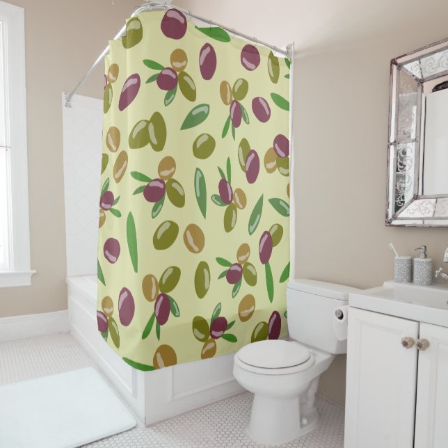 Rustic Olive and Olive Leaves Pattern Shower Curtain (In Situ)