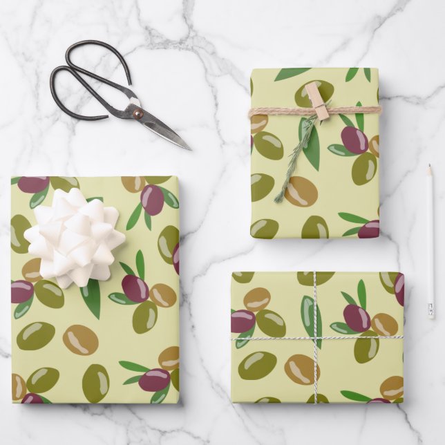 Rustic Olive and Olive Leaves Pattern Wrapping Paper Sheet (Front)