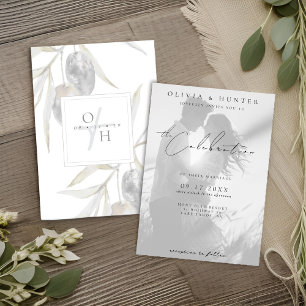 Rustic Olive Branch Black and White Photo Wedding Invitation