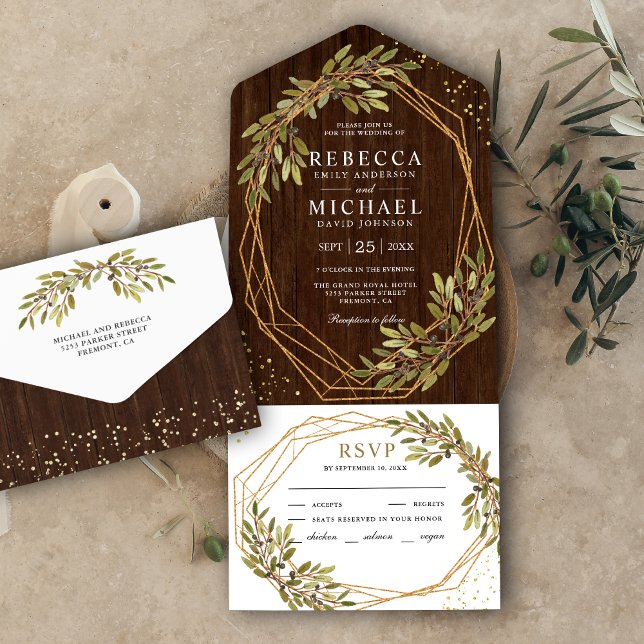 Rustic Olive Branch Gold Frame Barn Wood Wedding All In One Invitation (Creator Uploaded)