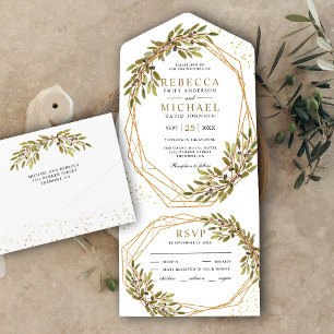 Rustic Olive Branch Gold Geometric Frame Wedding A All In One Invitation