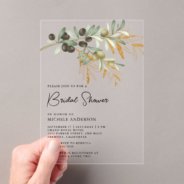 Rustic Olive Branch Leaves Bridal Shower Acrylic Invitations (Insitu (Handheld))