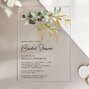 Rustic Olive Branch Leaves Bridal Shower Acrylic Invitations