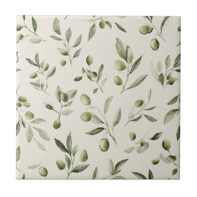 Rustic Olive Branch Mediterranean Pattern Ceramic Tile (Front)