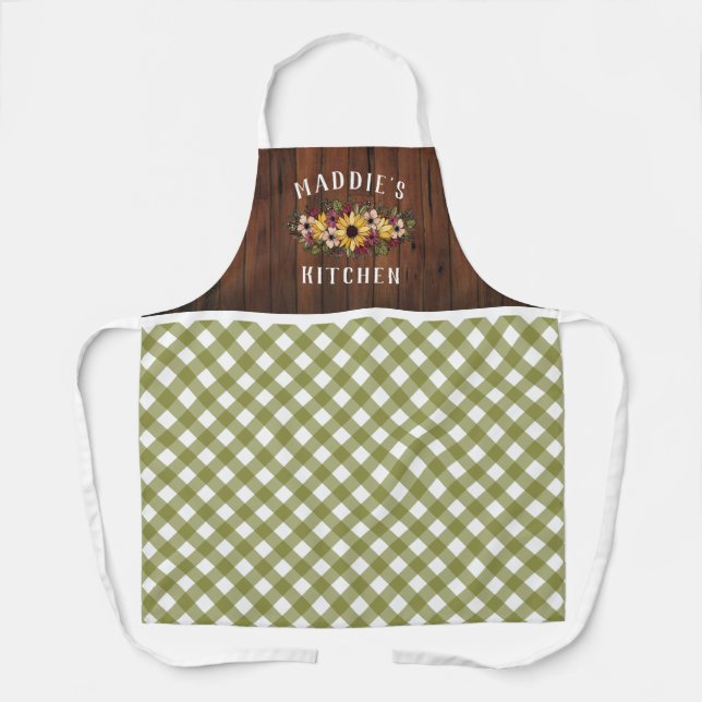 Rustic Olive Gingham Floral Bouquet Add Name Apron (Front)