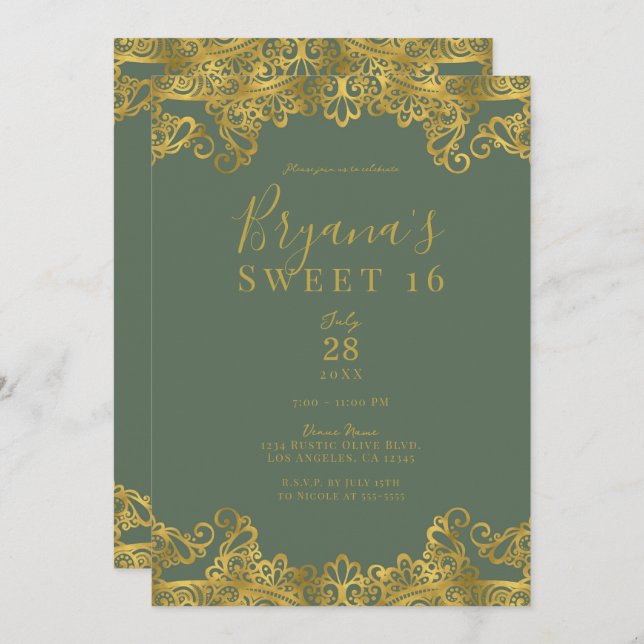 Rustic Olive & Gold Lace Elegant Sweet 16 Party  Invitation (Front/Back)