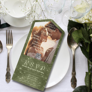 Rustic Olive Green Faux Burlap Photo QR Code All In One Invitation