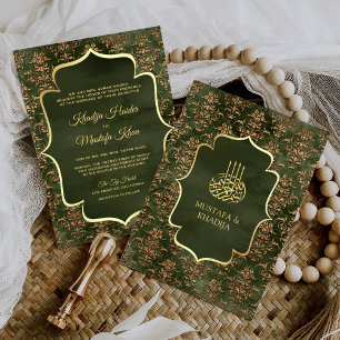 Rustic Olive Green Gold Damask Muslim Wedding Invitation