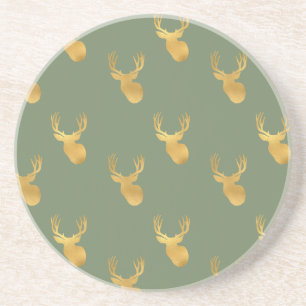 Rustic Olive Green Gold Deer Christmas Coaster