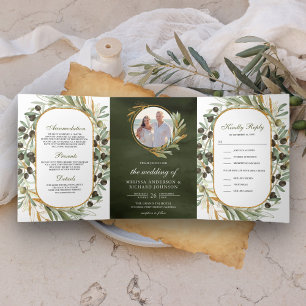 Rustic Olive Green Gold Leaves Photo Wedding Tri-Fold Invitation
