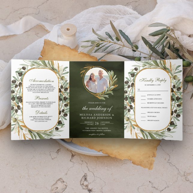 Rustic Olive Green Gold Leaves Photo Wedding Tri-Fold Invitation (Creator Uploaded)