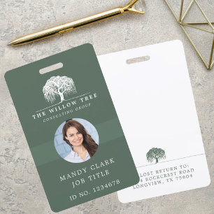 Rustic Olive Green & White Willow Tree Logo Photo ID Badge