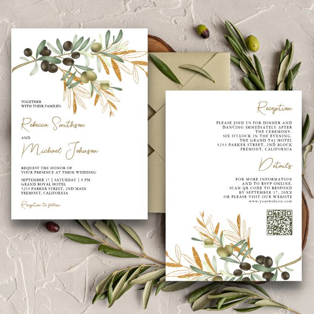 Rustic Olive Leaves All in One QR Code Wedding Invitation (Creator Uploaded)