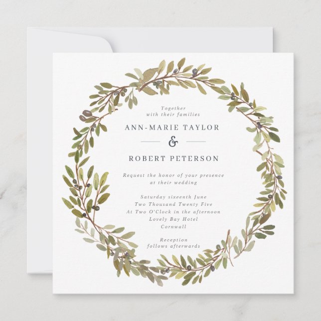 Rustic Olive Leaves Wreath Square Wedding Invitation (Front)