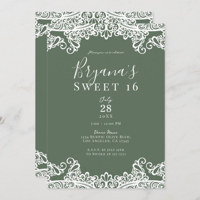 Rustic Olive & White Lace Elegant Sweet 16 Party   Invitation (Front/Back)