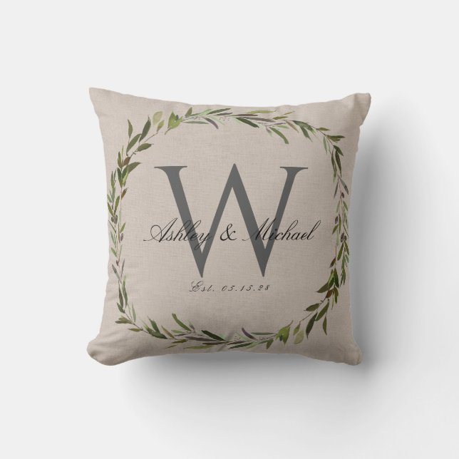 Rustic Olive Wreath Monogram Wedding Keepsake Cushion (Front)