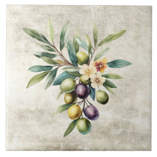 Rustic Olives Vine Blossoms Faux Texture Ceramic Tile