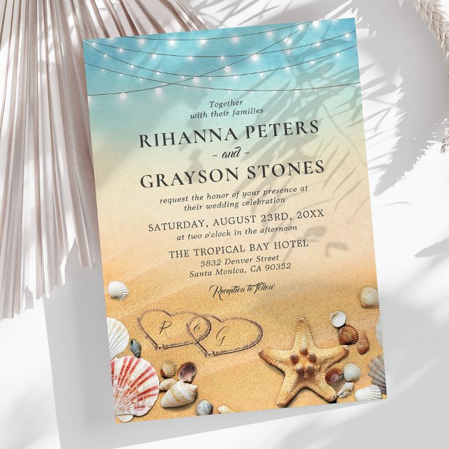 Rustic Ombre Beach Heart Shore Wedding Invitation (Creator Uploaded)