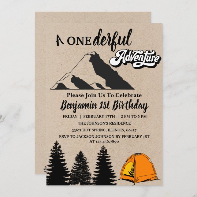 Rustic Onderful  Adventure First Birthday  Invitation (Front/Back)