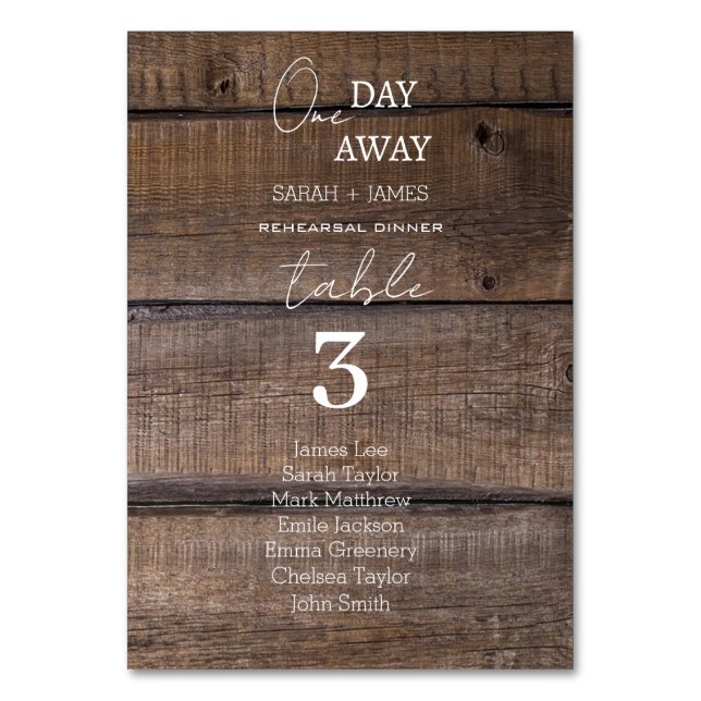 Rustic One Day Away Rehearsal Dinner Seating Chart Table Number (Front)