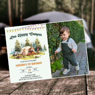 Rustic One Happy Camper 1st Birthday Party  Invitation