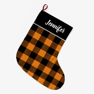 Rustic Orange and Black Buffalo Check Monogram Large Christmas Stocking